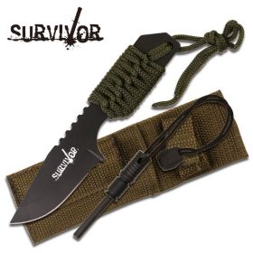 7" Green Cord Wrapped Full Tang Mini Survival Knife With Fire Starter