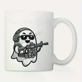 11oz Tactical Coffee Mug - Click-Click Boo! Funny Halloween Veteran Design with Fashion Glasses & Gun, Ceramic White