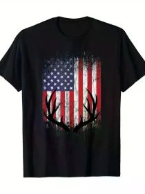 Deer Hunting American Flag Whitetail Buck Antlers Men's Cotton Short Sleeve Casual Round Neck Top Comfortable Stylish with Humorous graphic Black (Color: Black, size: L)