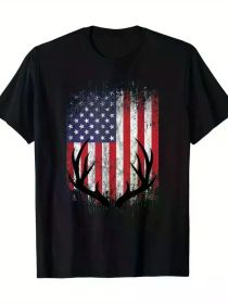 Deer Hunting American Flag Whitetail Buck Antlers Men's Cotton Short Sleeve Casual Round Neck Top Comfortable Stylish with Humorous graphic Black (Color: Black, size: XXL)