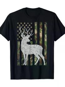 Camo USA Flag Deer Elk Buck Camoflage Hunting Hunter Gift T-Shirt (Color: Black, size: S)